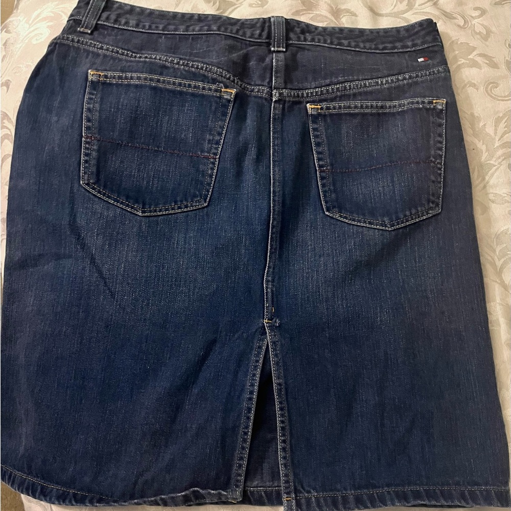 Tommy Hilfiger Denim Skirt Dark Blue Back Slit Front Zip 5 Pocket Midi Skirt 14 - Picture 3 of 9